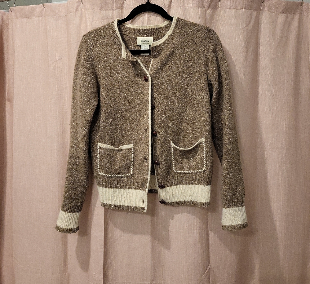 Anthropologie Taupe Tweed Cardigan with Cream Trim